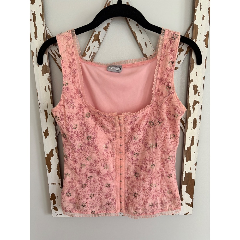 Vtg Y2K Rave pink floral embroidered corset-style tank top shabby chic